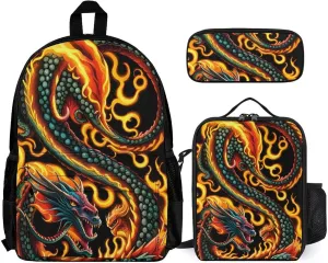 Supdreamc 3 Pcs Rucksacks Burning Flaming Fire Chinese Dragon Art Travel Hiking Backpack Sets - Big Capacity Anti-Theft Multipurpose Carry On Bag for Adult