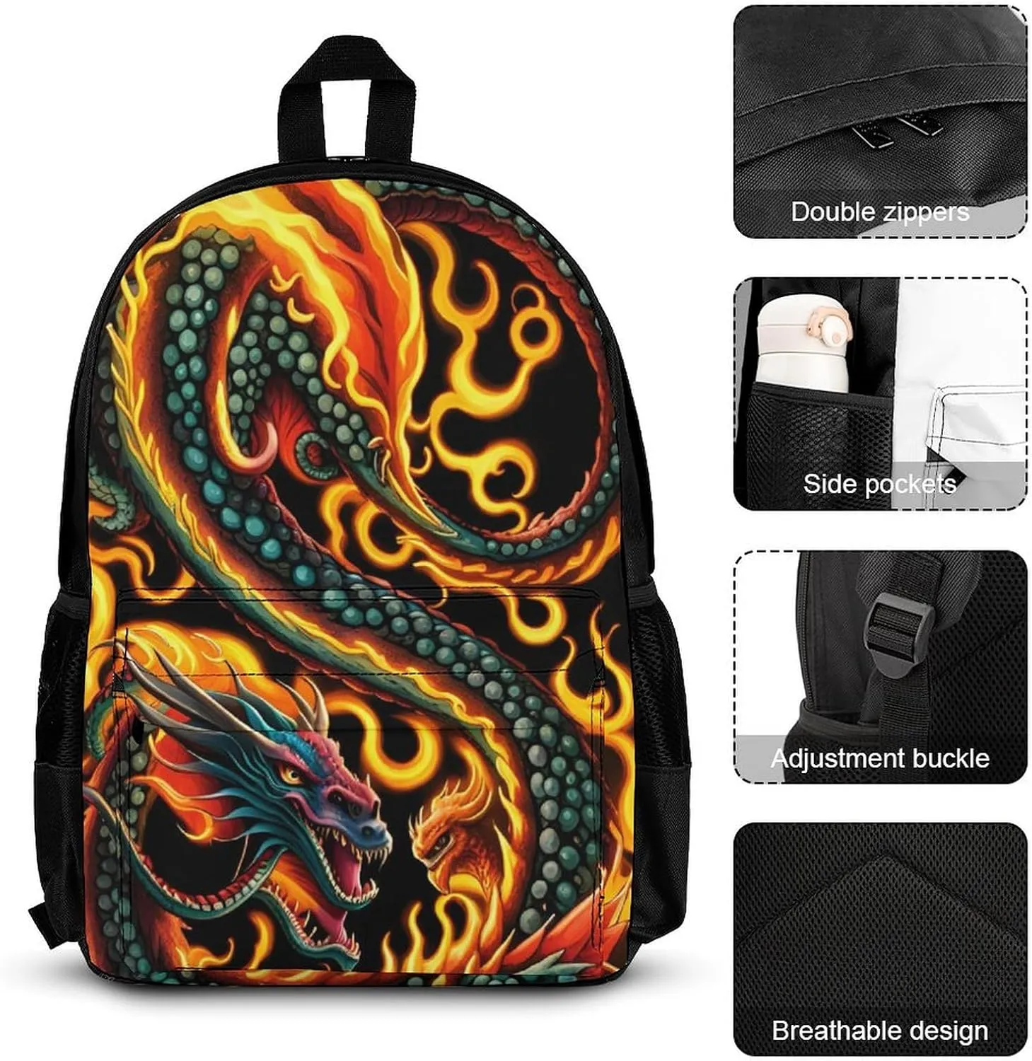 Supdreamc 3 Pcs Rucksacks Burning Flaming Fire Chinese Dragon Art Travel Hiking Backpack Sets - Big Capacity Anti-Theft Multipurpose Carry On Bag for Adult