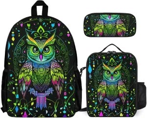 Supdreamc 3 Pcs Rucksacks Cute Abstract Owl Psychedelic Art Travel Hiking Backpack Sets - Big Capacity Anti-Theft Multipurpose Carry On Bag for Adult, One Size