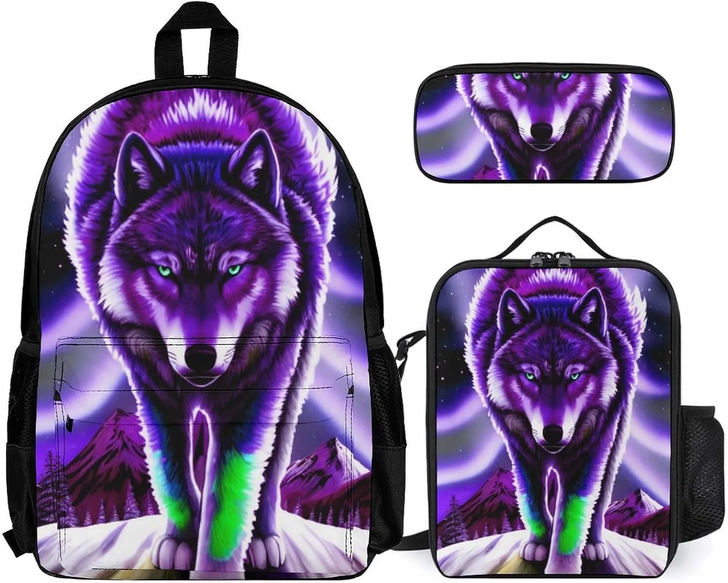 Supdreamc 3 Pcs Rucksacks Mountain And Northern Light Wolves Psychedelic Art Camping Outdoor Backpack Sets - Large Capacity Multipurpose Business Anti-Theft Carry On Bag for Adults