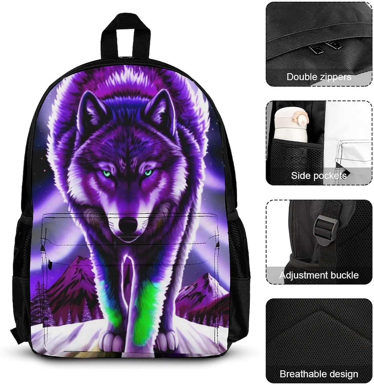 Supdreamc 3 Pcs Rucksacks Mountain And Northern Light Wolves Psychedelic Art Camping Outdoor Backpack Sets - Large Capacity Multipurpose Business Anti-Theft Carry On Bag for Adults