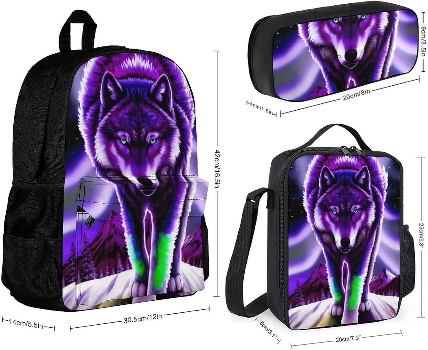 Supdreamc 3 Pcs Rucksacks Mountain And Northern Light Wolves Psychedelic Art Camping Outdoor Backpack Sets - Large Capacity Multipurpose Business Anti-Theft Carry On Bag for Adults
