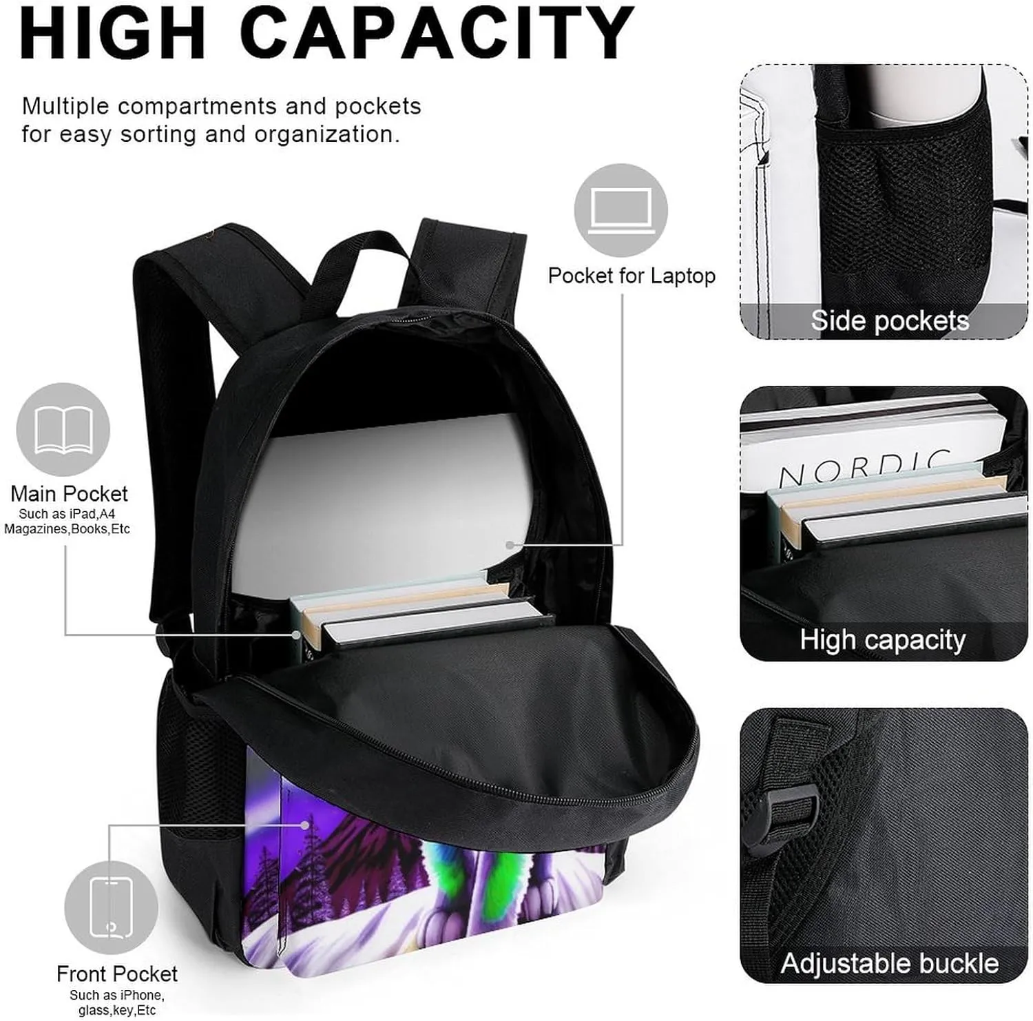 Supdreamc 3 Pcs Rucksacks Mountain And Northern Light Wolves Psychedelic Art Camping Outdoor Backpack Sets - Large Capacity Multipurpose Business Anti-Theft Carry On Bag for Adults