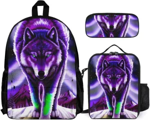 Supdreamc 3 Pcs Rucksacks Mountain And Northern Light Wolves Psychedelic Art Camping Outdoor Backpack Sets - Large Capacity Multipurpose Business Anti-Theft Carry On Bag for Adults