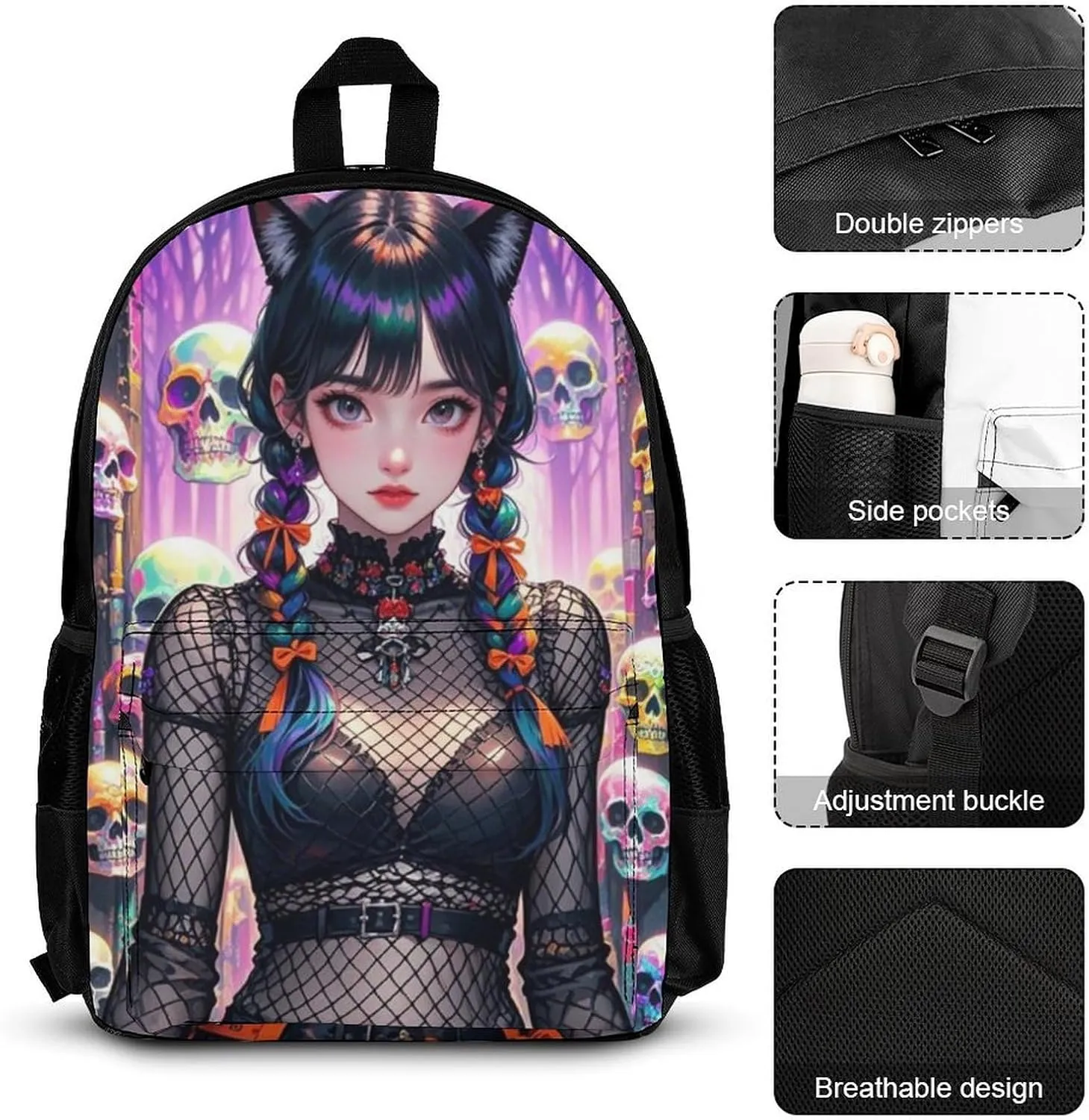 Supdreamc 3 Pcs Rucksacks Mystic Woman Cartoon Woman Gothic Colorful Skull Art Travel Hiking Backpack Sets - Big Capacity Anti-Theft Multipurpose Carry On Bag for Adult, One Size