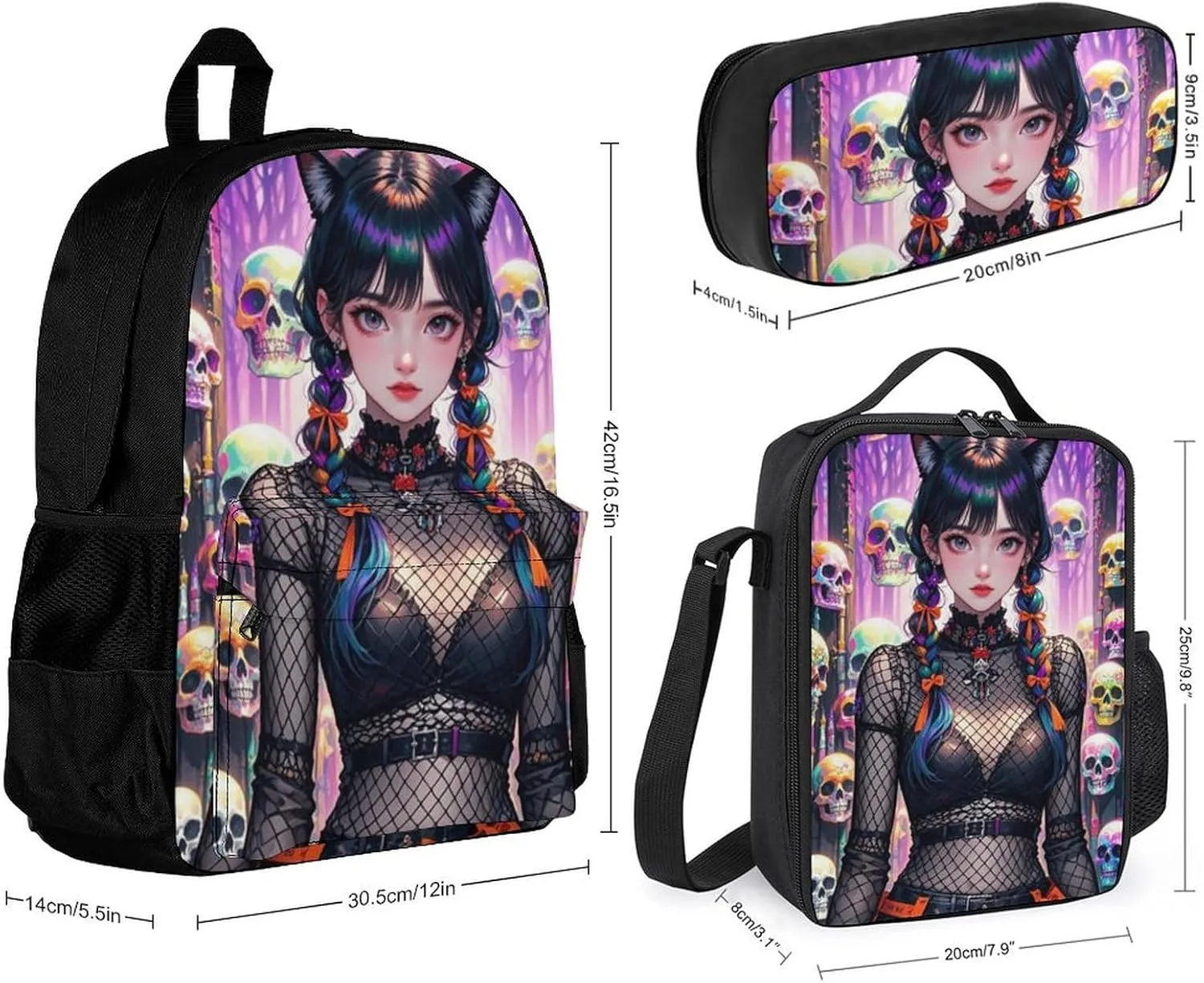 Supdreamc 3 Pcs Rucksacks Mystic Woman Cartoon Woman Gothic Colorful Skull Art Travel Hiking Backpack Sets - Big Capacity Anti-Theft Multipurpose Carry On Bag for Adult, One Size