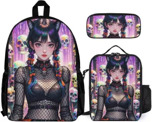 Supdreamc 3 Pcs Rucksacks Mystic Woman Cartoon Woman Gothic Colorful Skull Art Travel Hiking Backpack Sets - Big Capacity Anti-Theft Multipurpose Carry On Bag for Adult, One Size