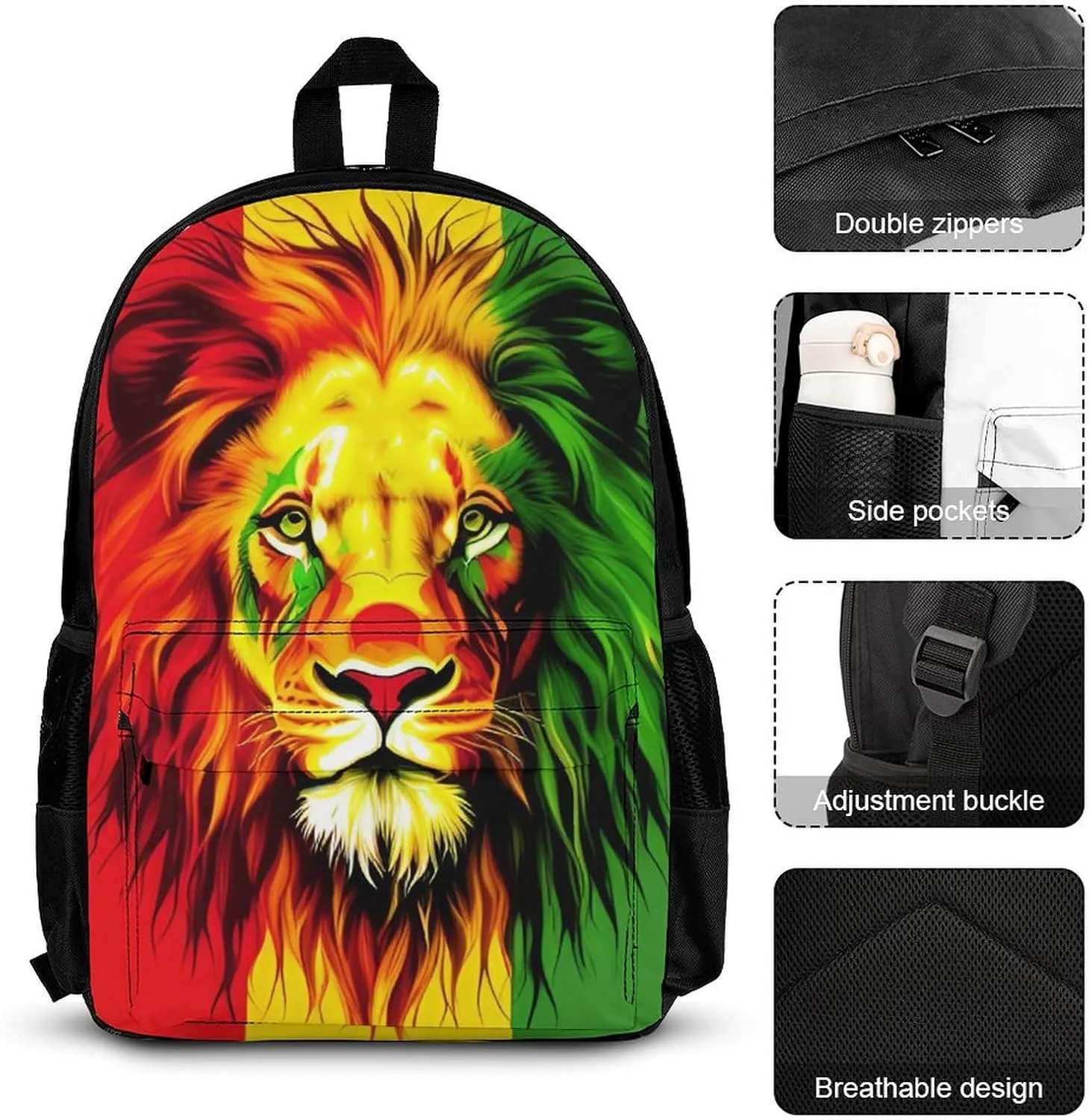 Supdreamc 3 Pcs Rucksacks Reggae Rasta Flag Lion Travel Hiking Backpack Sets - Big Capacity Anti-Theft Multipurpose Carry On Bag for Adult, One Size