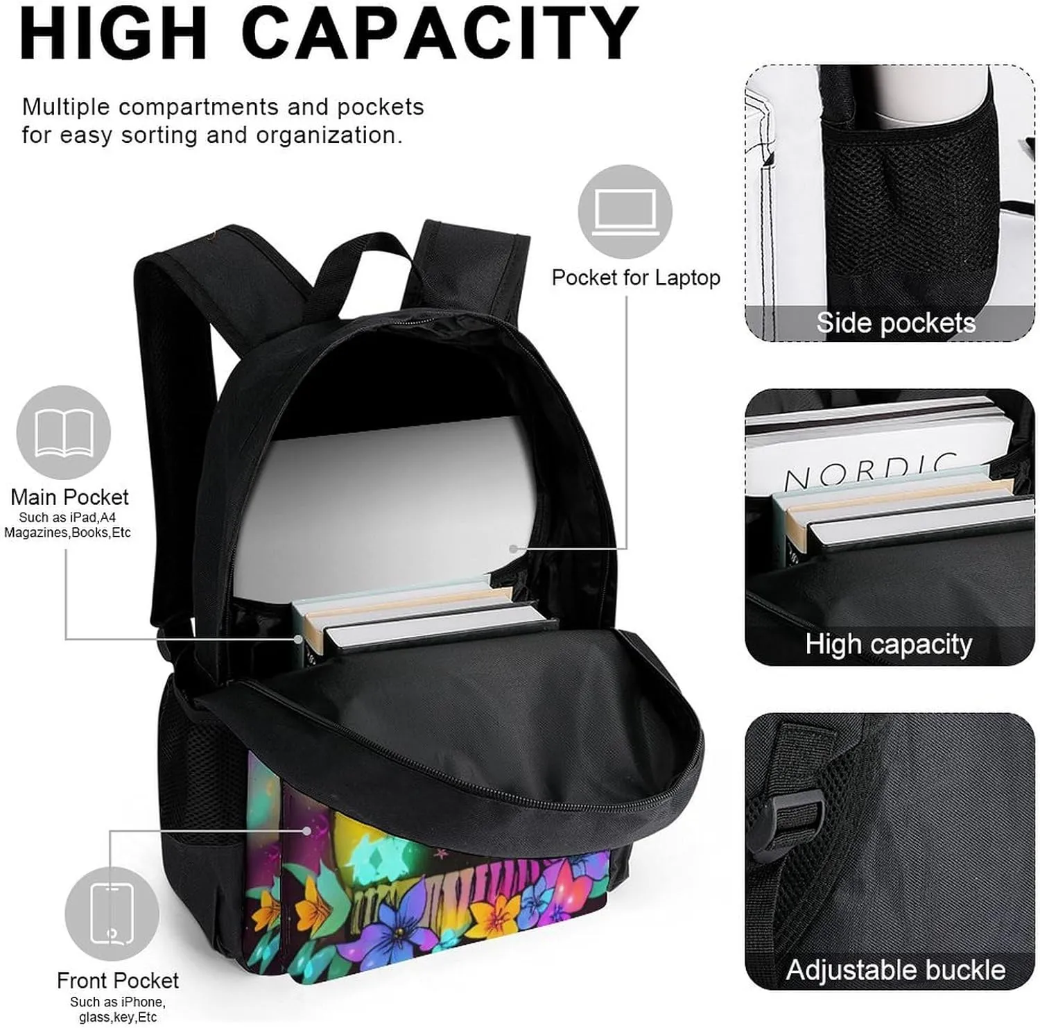Supdreamc 3 Pcs Rucksacks Skull And Fireflies Art Travel Hiking Backpack Sets - Big Capacity Anti-Theft Multipurpose Carry On Bag for Adult