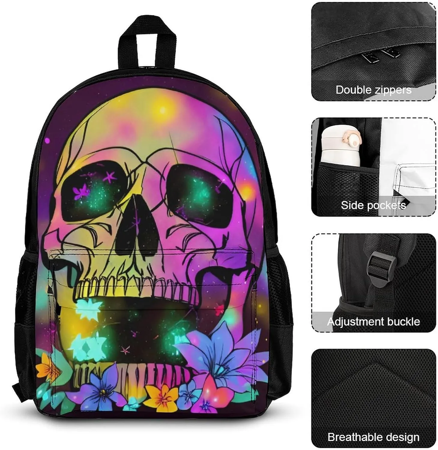 Supdreamc 3 Pcs Rucksacks Skull And Fireflies Art Travel Hiking Backpack Sets - Big Capacity Anti-Theft Multipurpose Carry On Bag for Adult
