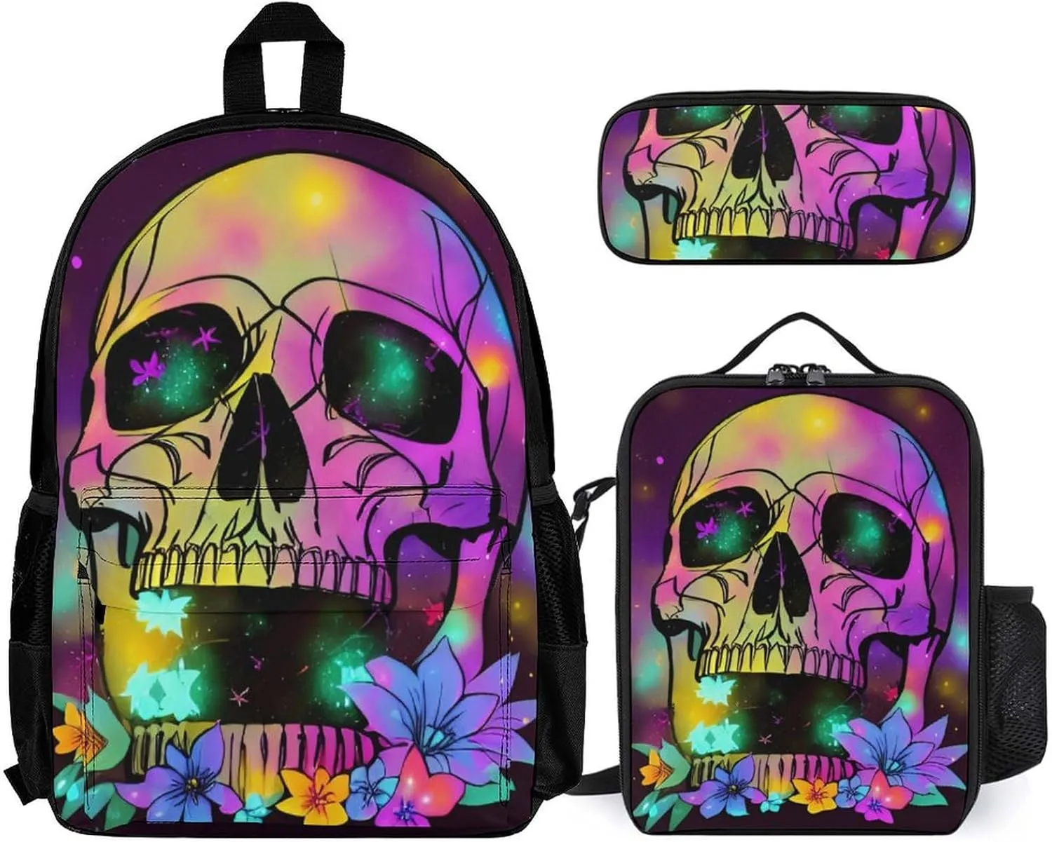 Supdreamc 3 Pcs Rucksacks Skull And Fireflies Art Travel Hiking Backpack Sets - Big Capacity Anti-Theft Multipurpose Carry On Bag for Adult