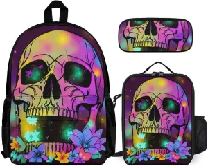 Supdreamc 3 Pcs Rucksacks Skull And Fireflies Art Travel Hiking Backpack Sets - Big Capacity Anti-Theft Multipurpose Carry On Bag for Adult