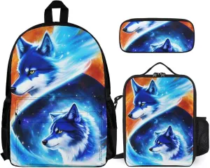 Supdreamc 3 Piece Rucksacks Blue Universe Galaxy Magic Wolf In The Space Art Camping Outdoor Backpack Sets - Large Capacity Multipurpose Carry On Bag Lunch Bag Pencil Case