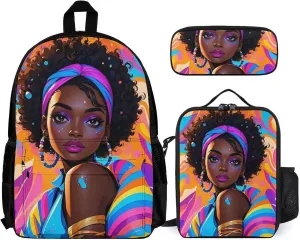 Supdreamc 3 Piece Rucksacks Chic Cartoon Woman African American Black Woman Art Traveling & Camping Backpack Sets - Multipurpose Shoulder Bag Lunch Bag Pencil Case for Adults