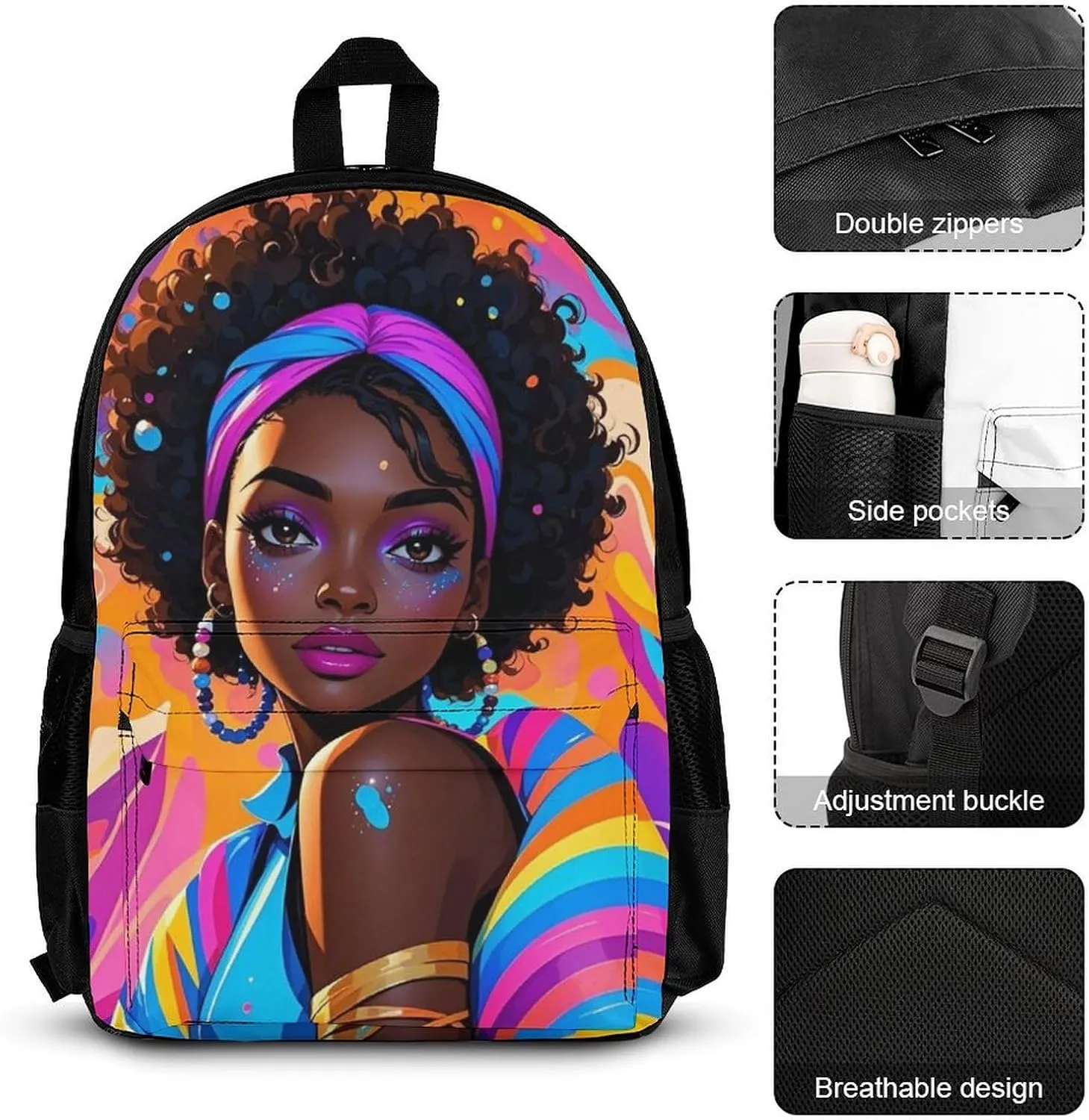 Supdreamc 3 Piece Rucksacks Chic Cartoon Woman African American Black Woman Art Traveling & Camping Backpack Sets - Multipurpose Shoulder Bag Lunch Bag Pencil Case for Adults