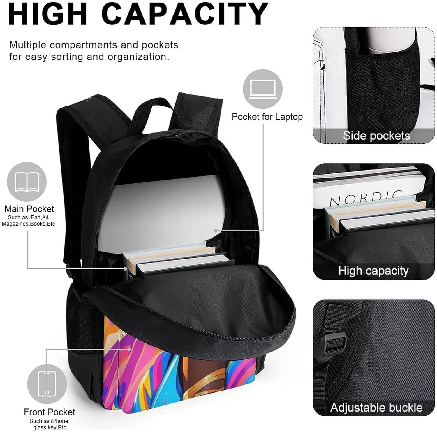 Supdreamc 3 Piece Rucksacks Chic Cartoon Woman African American Black Woman Art Traveling & Camping Backpack Sets - Multipurpose Shoulder Bag Lunch Bag Pencil Case for Adults