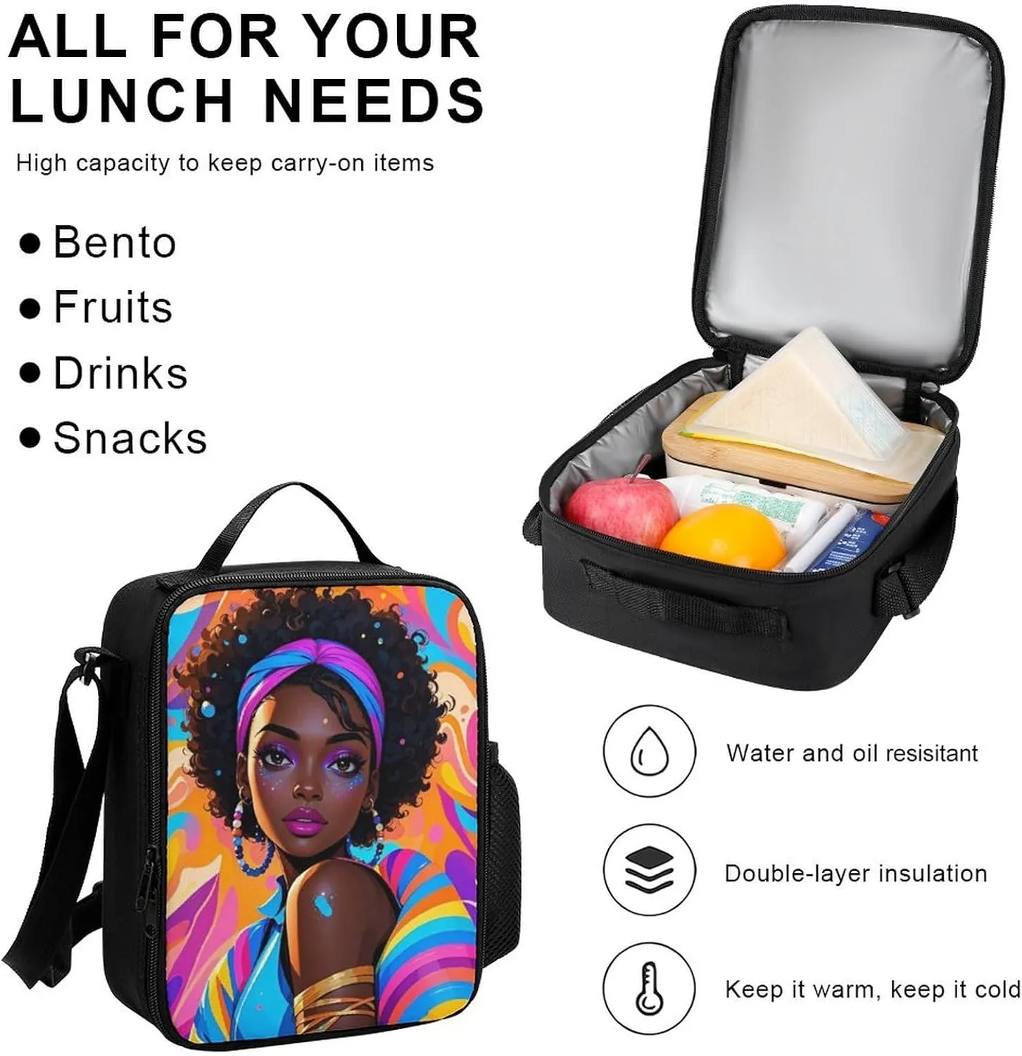 Supdreamc 3 Piece Rucksacks Chic Cartoon Woman African American Black Woman Art Traveling & Camping Backpack Sets - Multipurpose Shoulder Bag Lunch Bag Pencil Case for Adults