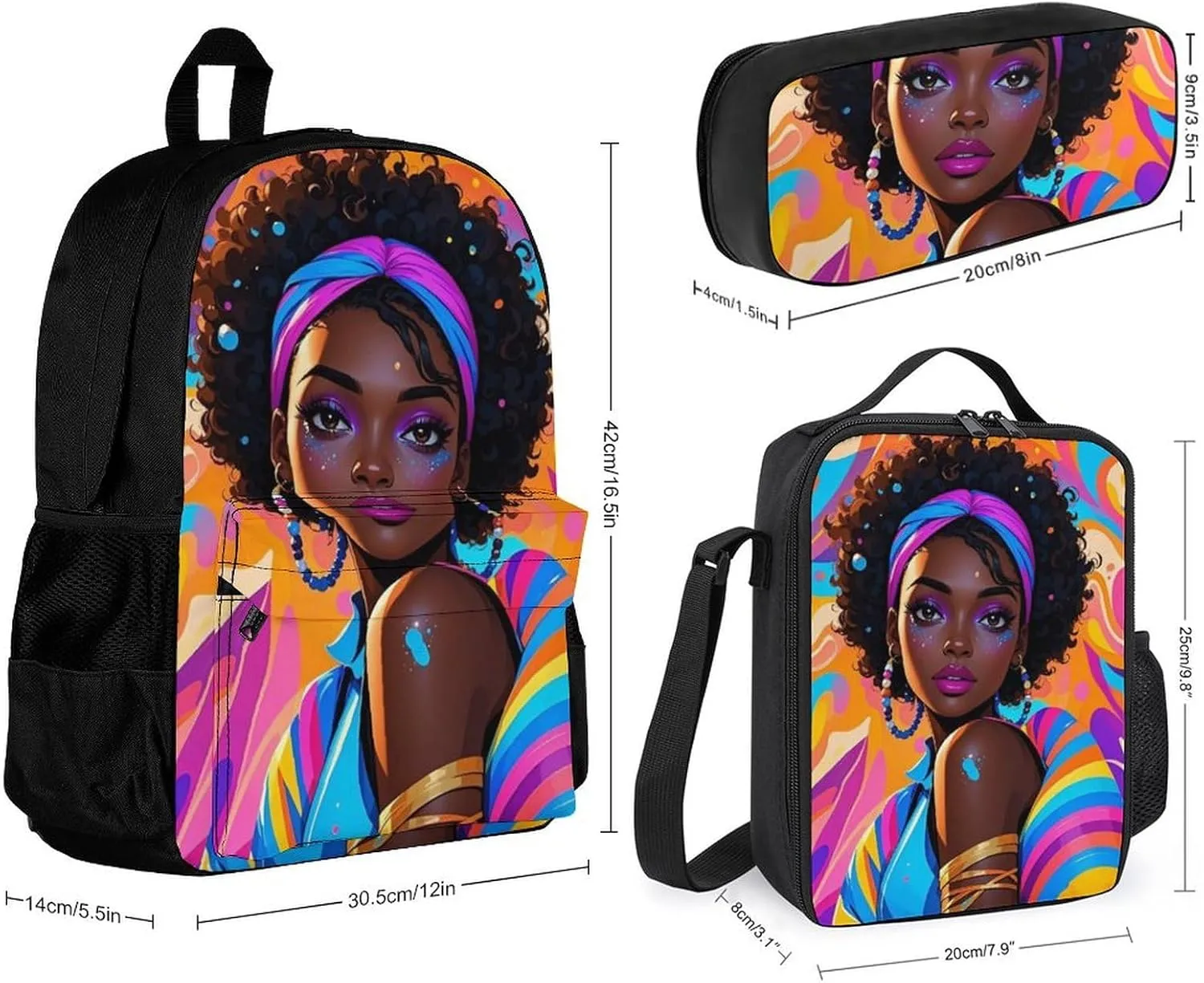 Supdreamc 3 Piece Rucksacks Chic Cartoon Woman African American Black Woman Art Traveling & Camping Backpack Sets - Multipurpose Shoulder Bag Lunch Bag Pencil Case for Adults
