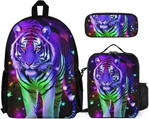 Supdreamc 3 Piece Rucksacks Magical King Of The Tiger Art Camping Outdoor Backpack Sets - Large Capacity Multipurpose Carry On Bag Lunch Bag Pencil Case