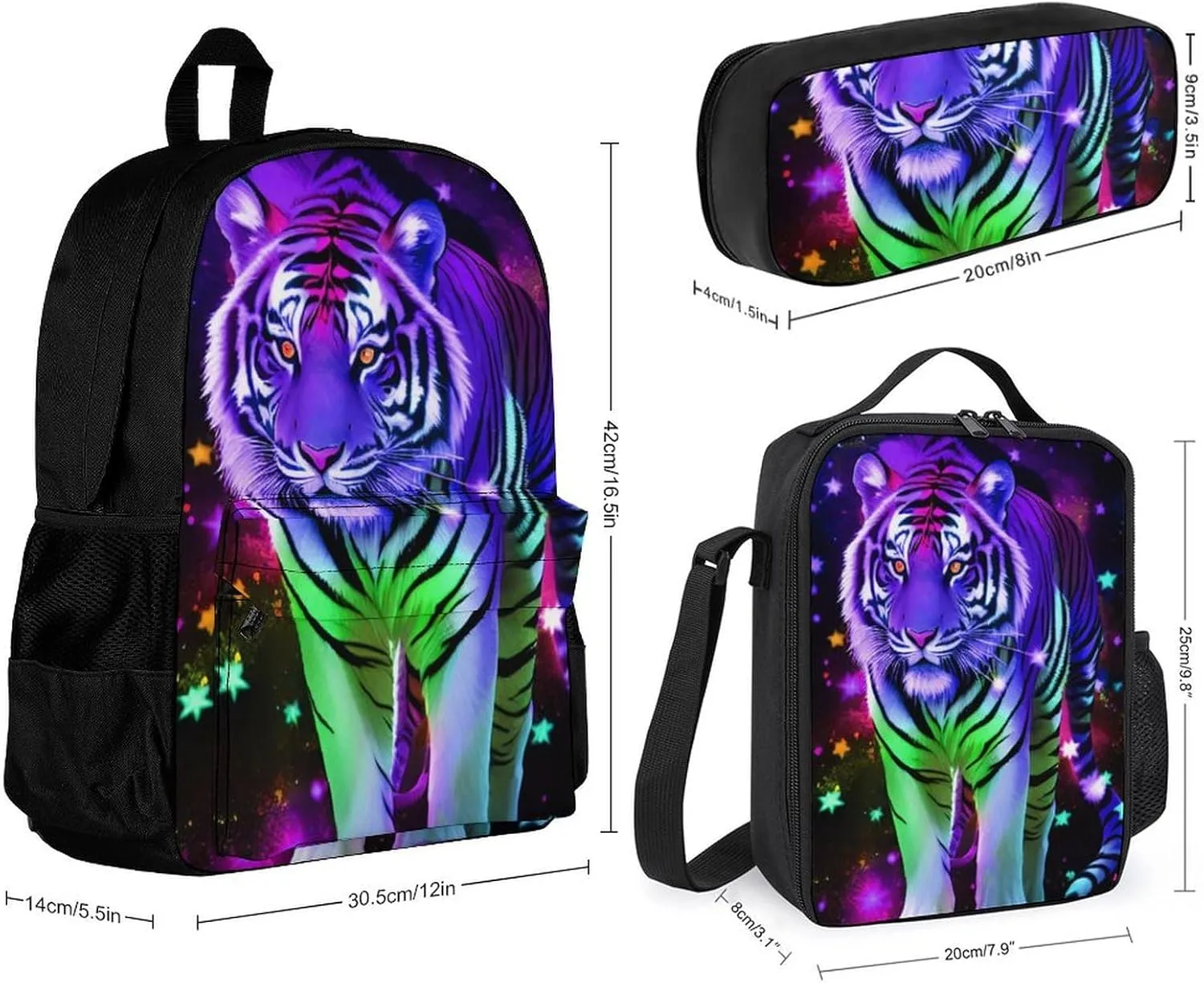 Supdreamc 3 Piece Rucksacks Magical King Of The Tiger Art Camping Outdoor Backpack Sets - Large Capacity Multipurpose Carry On Bag Lunch Bag Pencil Case