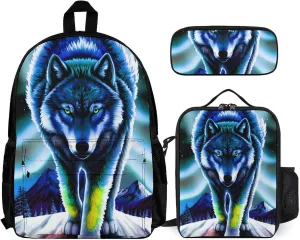 Supdreamc 3 Piece Rucksacks Mountain And Northern Light Wolves Psychedelic Art Camping Outdoor Backpack Sets - Large Capacity Carry On Bag Lunch Bag Pencil Case for Women Men