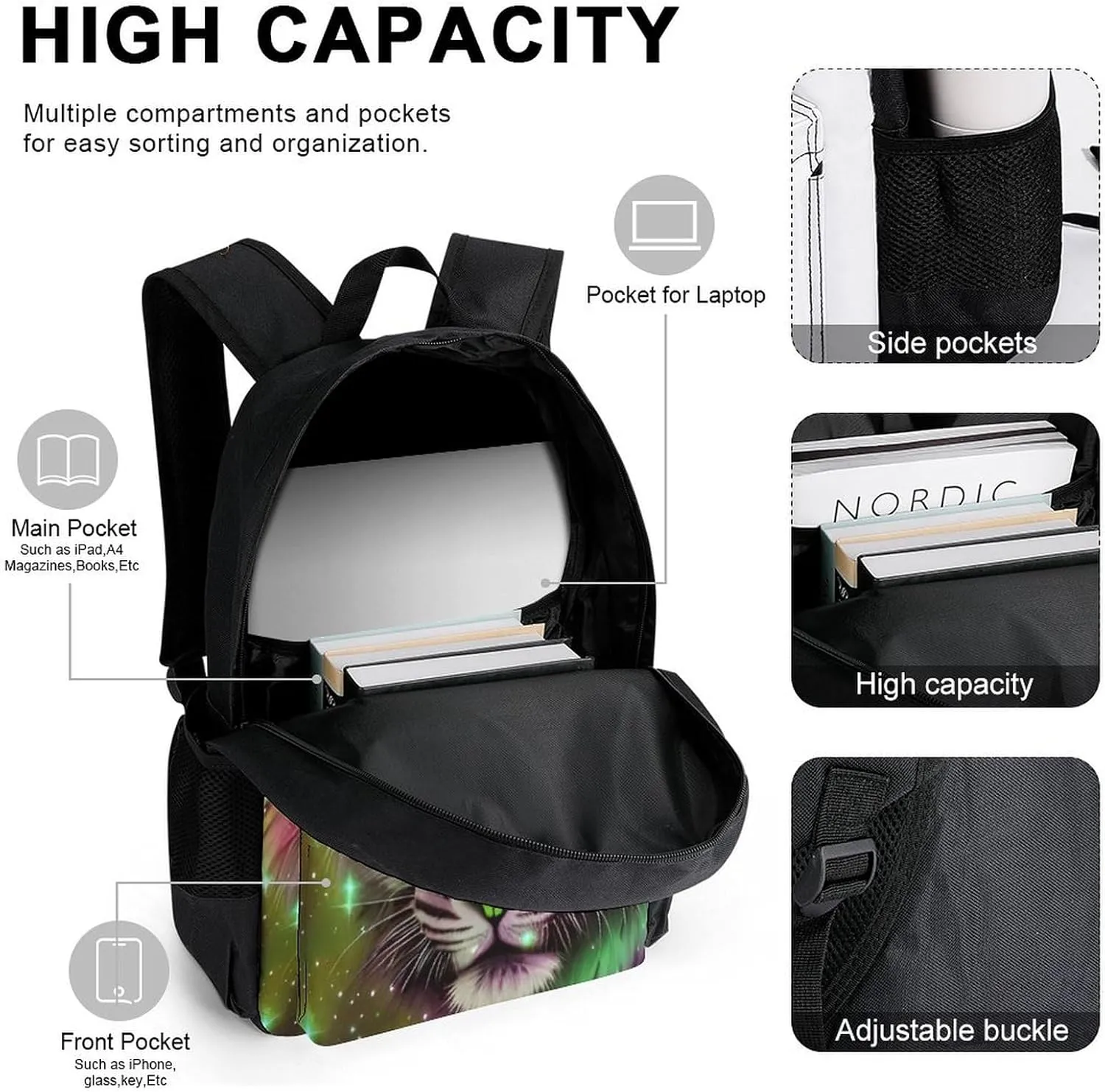 Supdreamc 3 Piece Rucksacks Mystic Fantasy Galaxy Sky Fantasy Wild Animals Tiger Art Traveling & Camping Backpack Sets - Multipurpose Shoulder Bag Lunch Bag Pencil Case for Adults