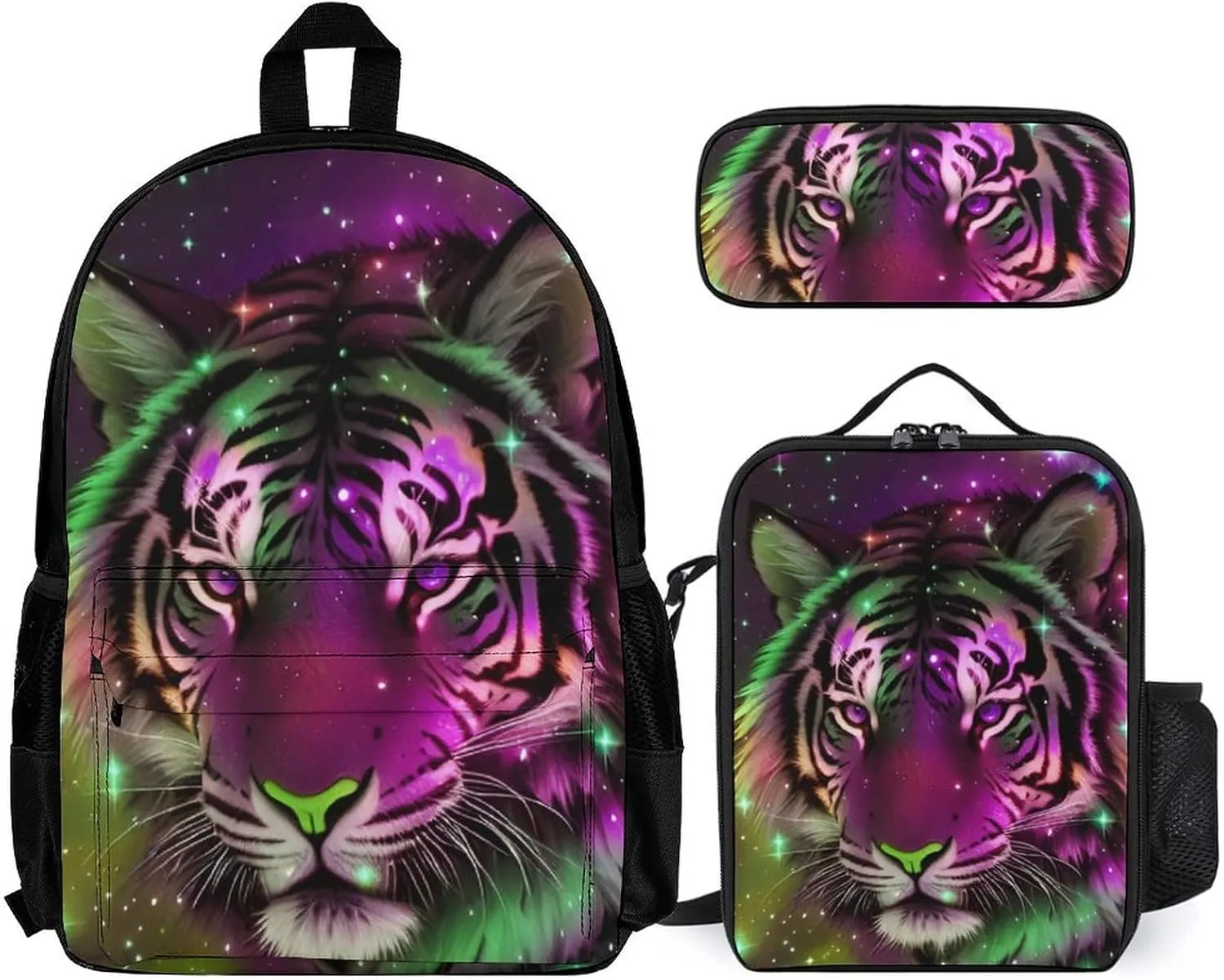 Supdreamc 3 Piece Rucksacks Mystic Fantasy Galaxy Sky Fantasy Wild Animals Tiger Art Traveling & Camping Backpack Sets - Multipurpose Shoulder Bag Lunch Bag Pencil Case for Adults