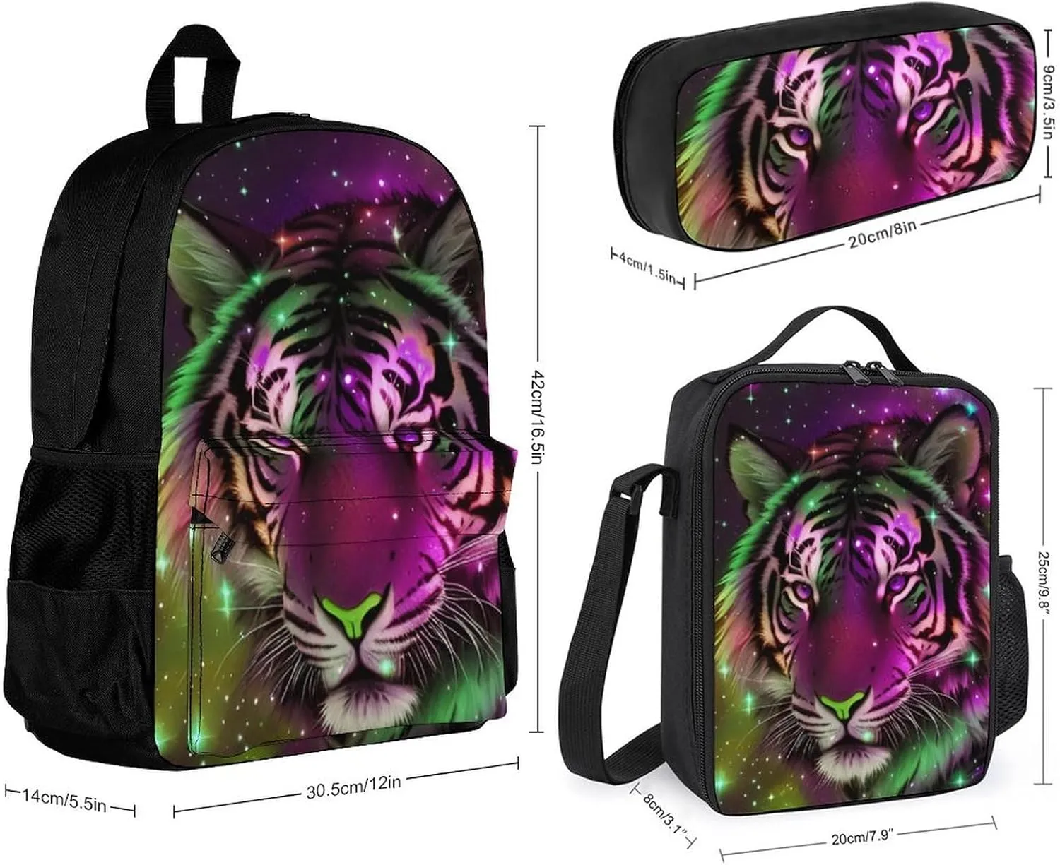 Supdreamc 3 Piece Rucksacks Mystic Fantasy Galaxy Sky Fantasy Wild Animals Tiger Art Traveling & Camping Backpack Sets - Multipurpose Shoulder Bag Lunch Bag Pencil Case for Adults