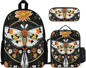 Supdreamc 3 Piece Rucksacks Orange Moth Floral Flowers Vintage Art Camping Outdoor Backpack Sets - Large Capacity Carry On Bag Lunch Bag Pencil Case for Women Men