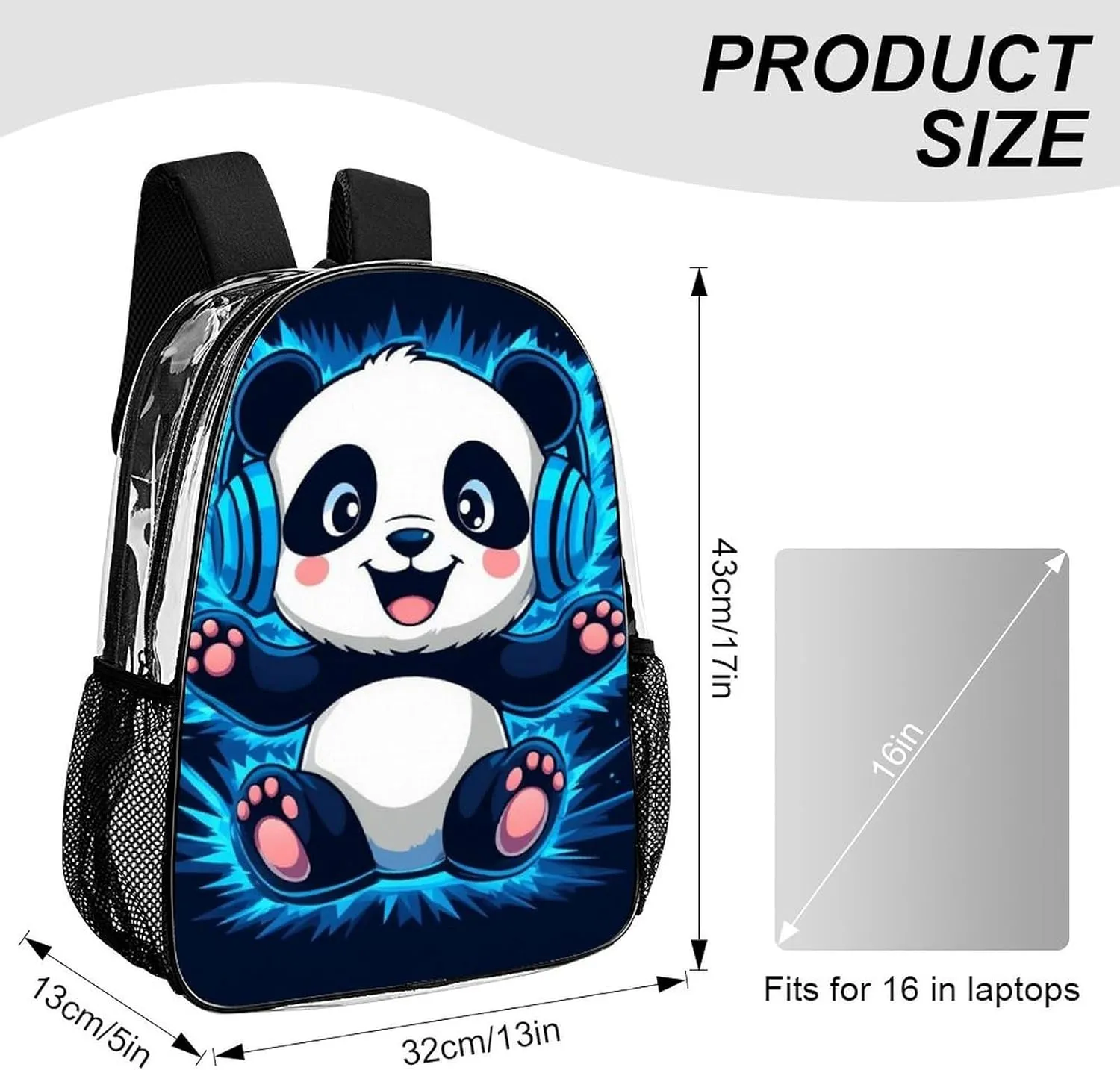 Supdreamc Adults Lightweight Black And White Panda Animal Headphones Music Cute Panda Rucksacks Large Capacity Bookbag Transparent Bag for Trekking Outdoors Bicycle