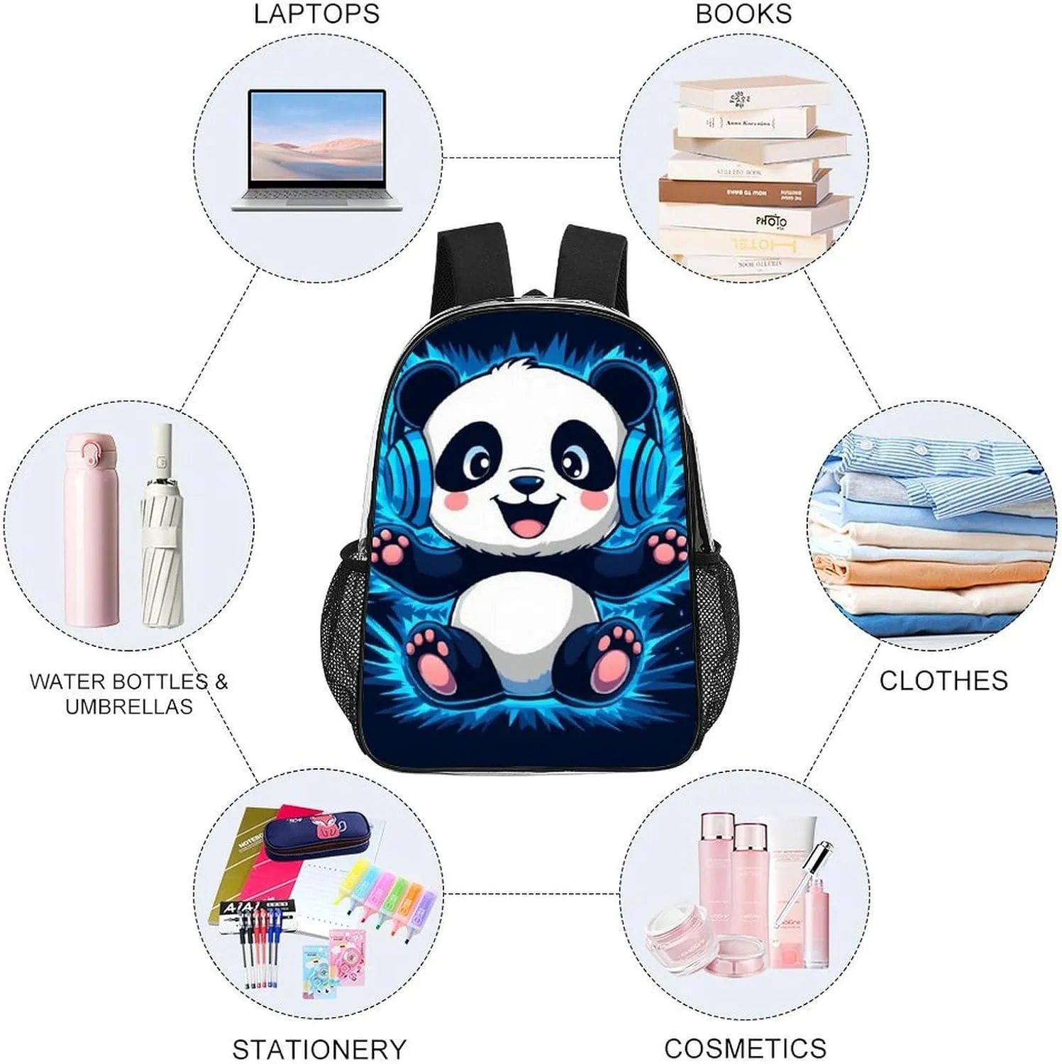 Supdreamc Adults Lightweight Black And White Panda Animal Headphones Music Cute Panda Rucksacks Large Capacity Bookbag Transparent Bag for Trekking Outdoors Bicycle