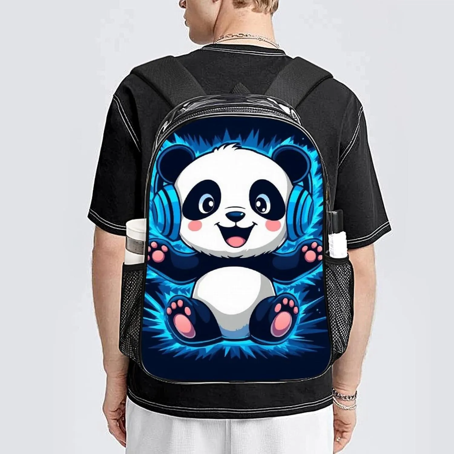 Supdreamc Adults Lightweight Black And White Panda Animal Headphones Music Cute Panda Rucksacks Large Capacity Bookbag Transparent Bag for Trekking Outdoors Bicycle