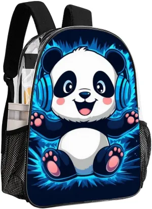 Supdreamc Adults Lightweight Black And White Panda Animal Headphones Music Cute Panda Rucksacks Large Capacity Bookbag Transparent Bag for Trekking Outdoors Bicycle