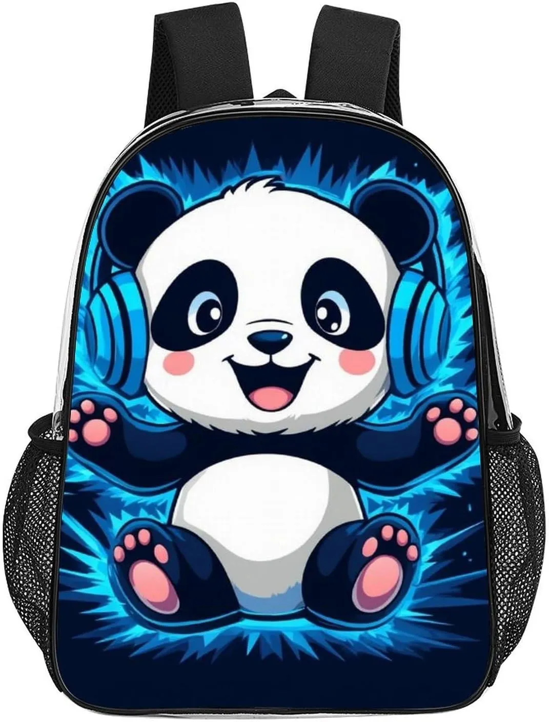Supdreamc Adults Lightweight Black And White Panda Animal Headphones Music Cute Panda Rucksacks Large Capacity Bookbag Transparent Bag for Trekking Outdoors Bicycle