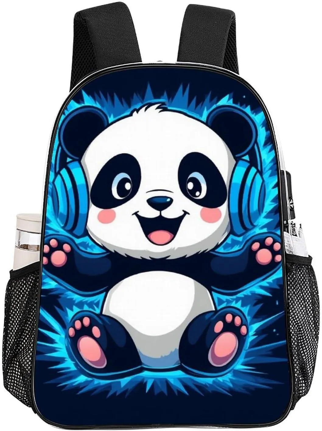 Supdreamc Adults Lightweight Black And White Panda Animal Headphones Music Cute Panda Rucksacks Large Capacity Bookbag Transparent Bag for Trekking Outdoors Bicycle