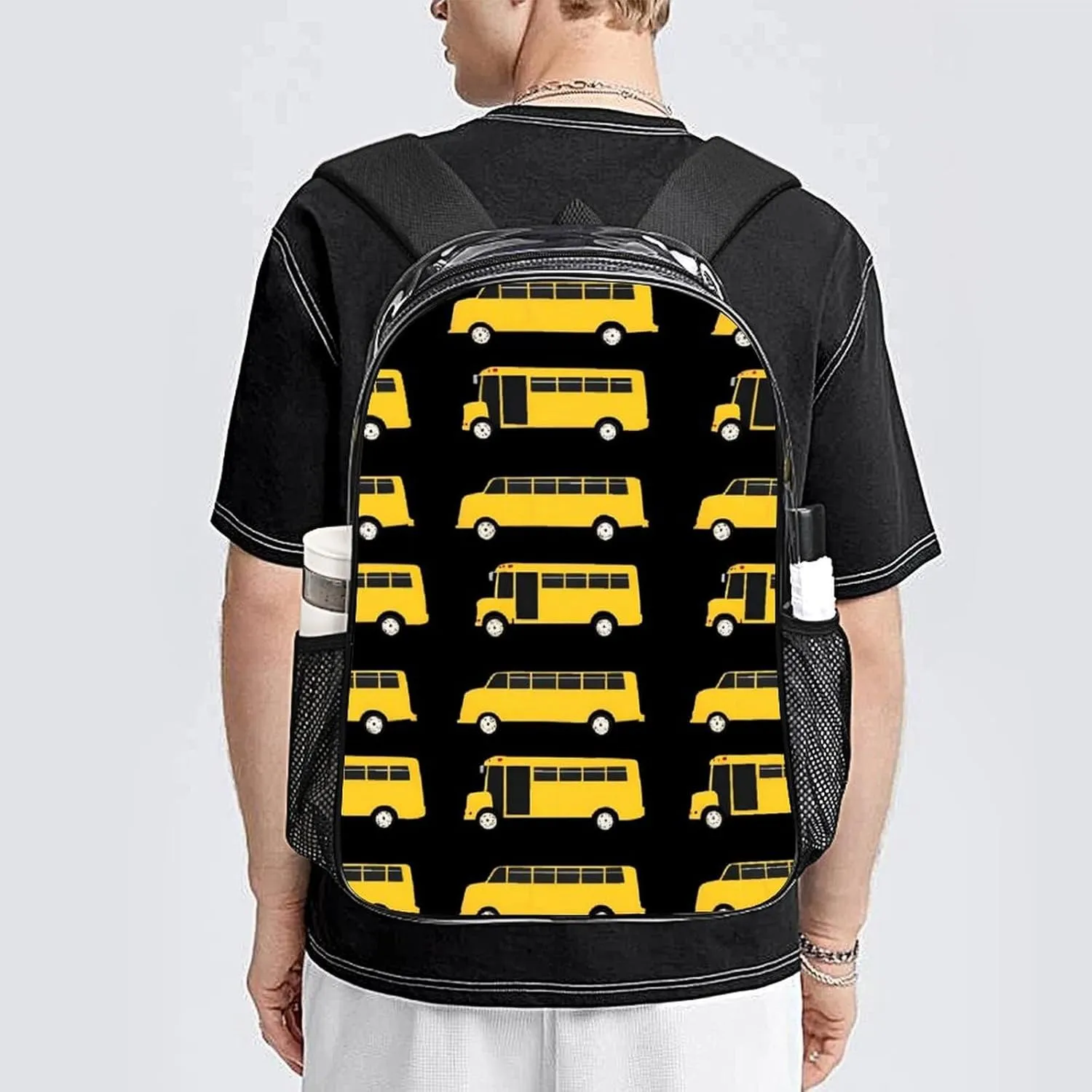 Supdreamc Adults Lightweight Black Yellow School Bus Rucksacks Large Capacity Bookbag Transparent Bag for Trekking Outdoors Bicycle