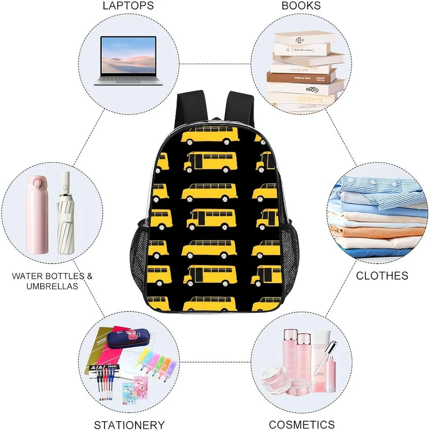 Supdreamc Adults Lightweight Black Yellow School Bus Rucksacks Large Capacity Bookbag Transparent Bag for Trekking Outdoors Bicycle