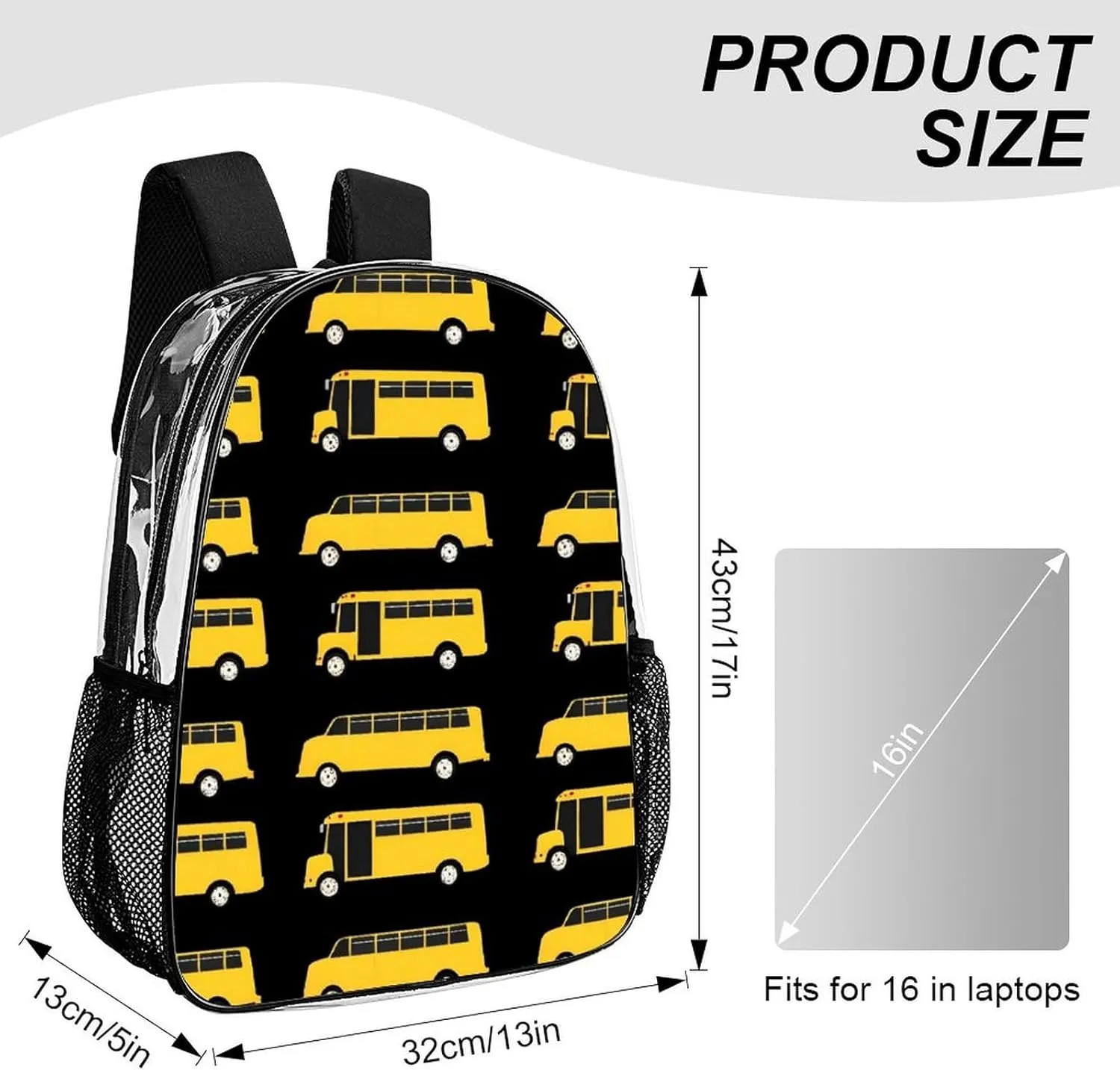 Supdreamc Adults Lightweight Black Yellow School Bus Rucksacks Large Capacity Bookbag Transparent Bag for Trekking Outdoors Bicycle