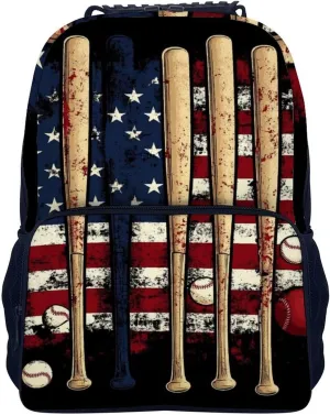 Supdreamc Adults Lightweight Patriotic Usa Retro American Flag Baseball Print Rucksacks Large Capacity Bookbag With Adjustable Shoulder Straps for Trekking Outdoors Bicycle