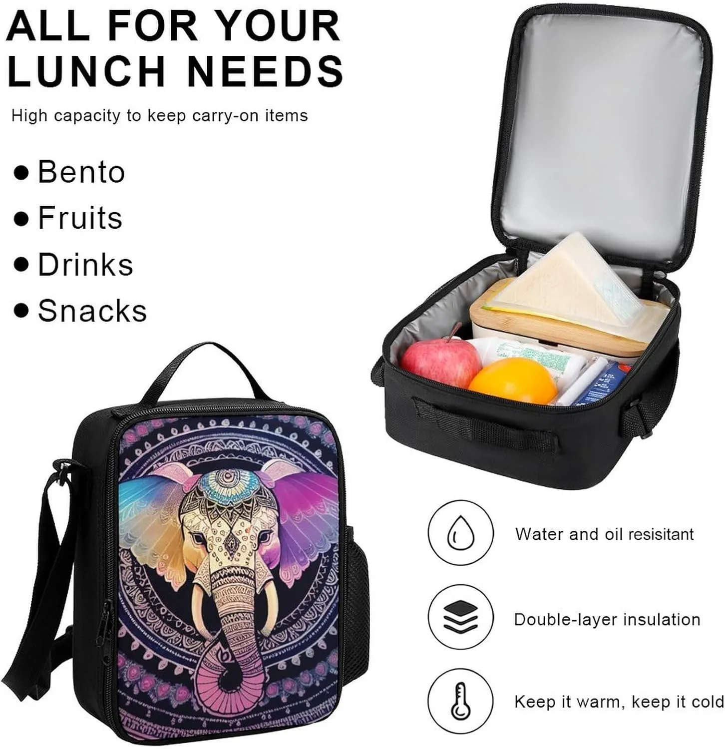 Supdreamc Adults Rucksacks Sets - Indian Elephant Head Mandala Art Bookbag Daypack Backpack Travel Hiking Daypack   Lunch Bag   Pencil Case, One Size