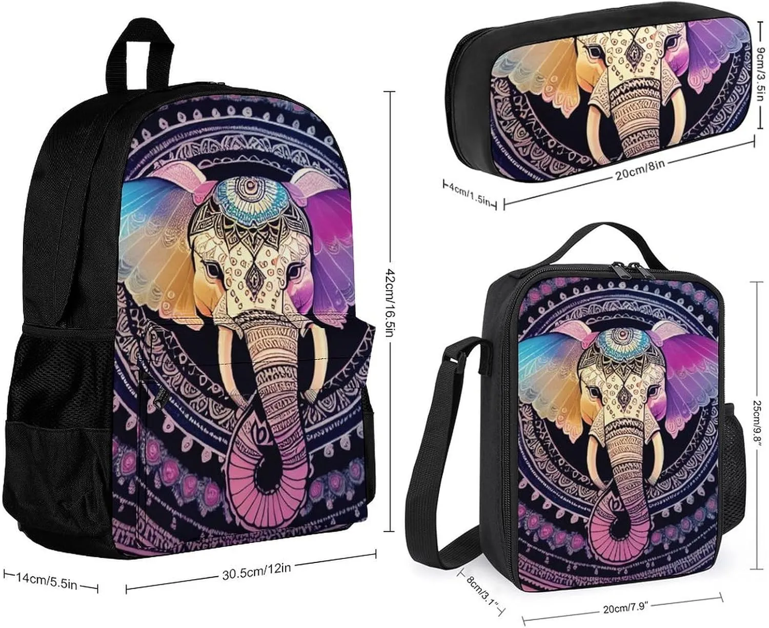 Supdreamc Adults Rucksacks Sets - Indian Elephant Head Mandala Art Bookbag Daypack Backpack Travel Hiking Daypack   Lunch Bag   Pencil Case, One Size