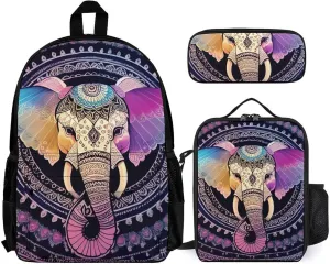 Supdreamc Adults Rucksacks Sets - Indian Elephant Head Mandala Art Bookbag Daypack Backpack Travel Hiking Daypack   Lunch Bag   Pencil Case, One Size