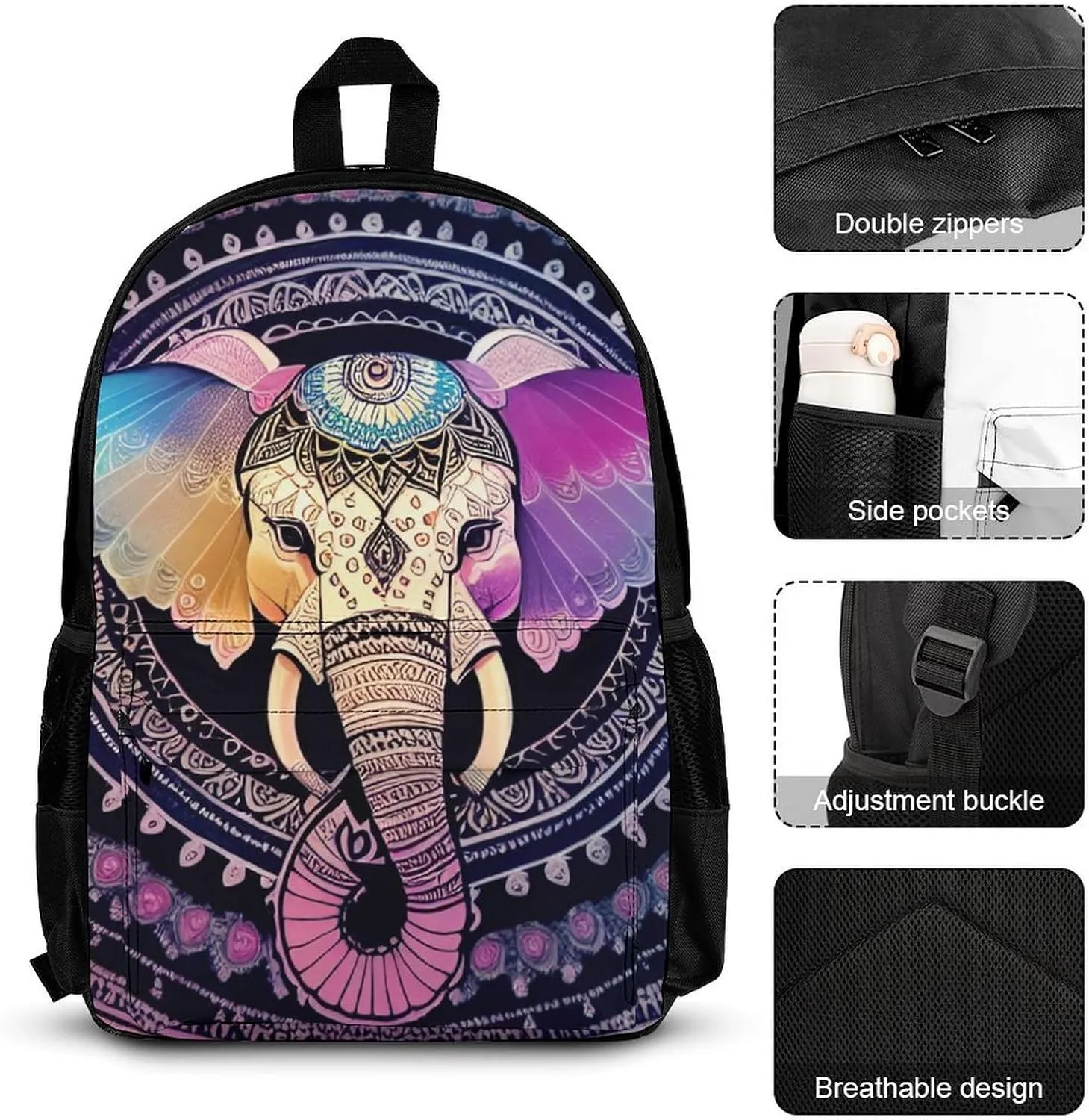 Supdreamc Adults Rucksacks Sets - Indian Elephant Head Mandala Art Bookbag Daypack Backpack Travel Hiking Daypack   Lunch Bag   Pencil Case, One Size