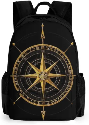 Supdreamc Ancient Viking Vegvisir Art Wind Rose Magic Navigation Gold Compass Rucksacks Polyester Anti-Theft Multipurpose Carry On Bag Large Capacity Gym Outdoor Hiking Backpack With Smooth Zippers