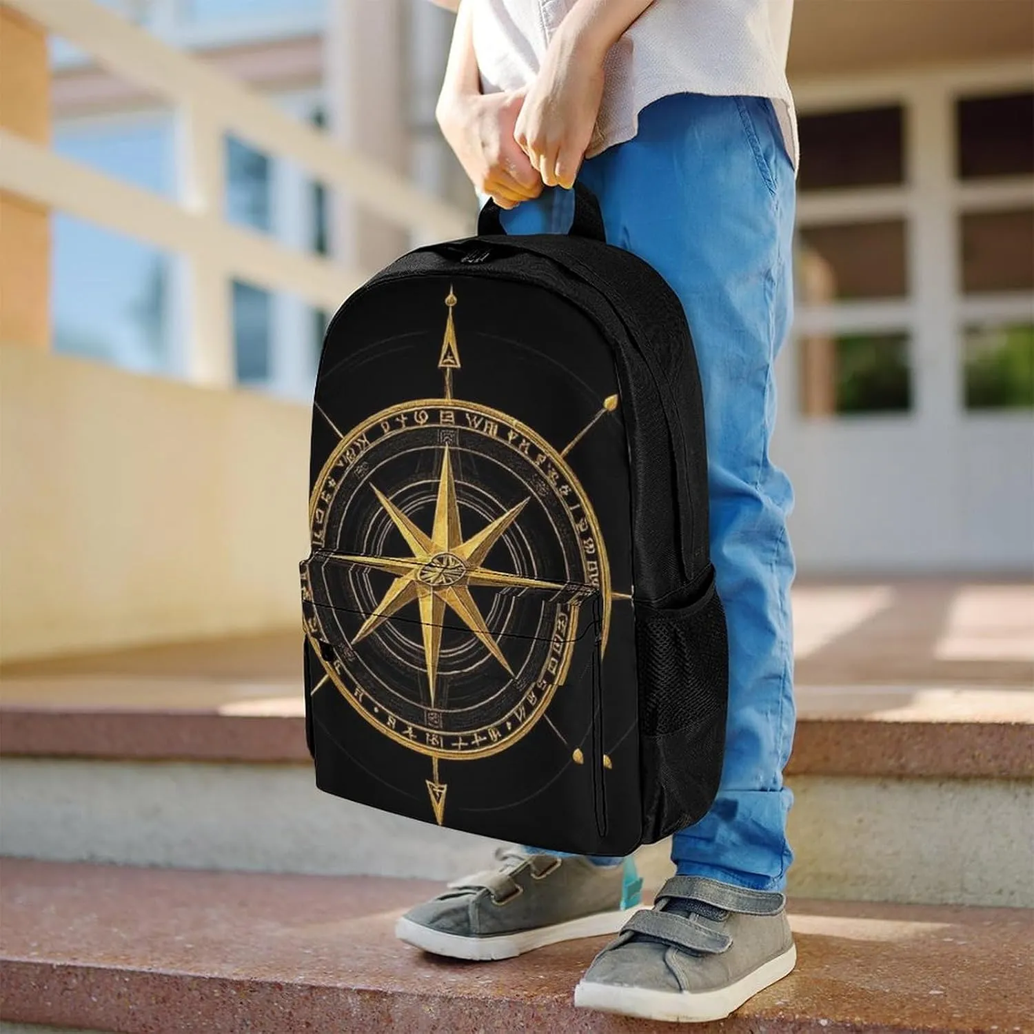 Supdreamc Ancient Viking Vegvisir Art Wind Rose Magic Navigation Gold Compass Rucksacks Polyester Anti-Theft Multipurpose Carry On Bag Large Capacity Gym Outdoor Hiking Backpack With Smooth Zippers