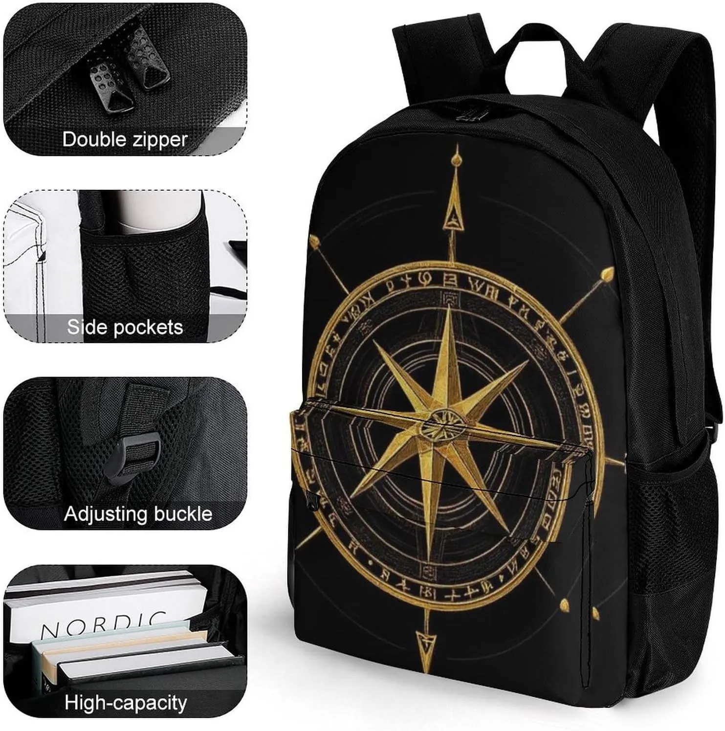 Supdreamc Ancient Viking Vegvisir Art Wind Rose Magic Navigation Gold Compass Rucksacks Polyester Anti-Theft Multipurpose Carry On Bag Large Capacity Gym Outdoor Hiking Backpack With Smooth Zippers