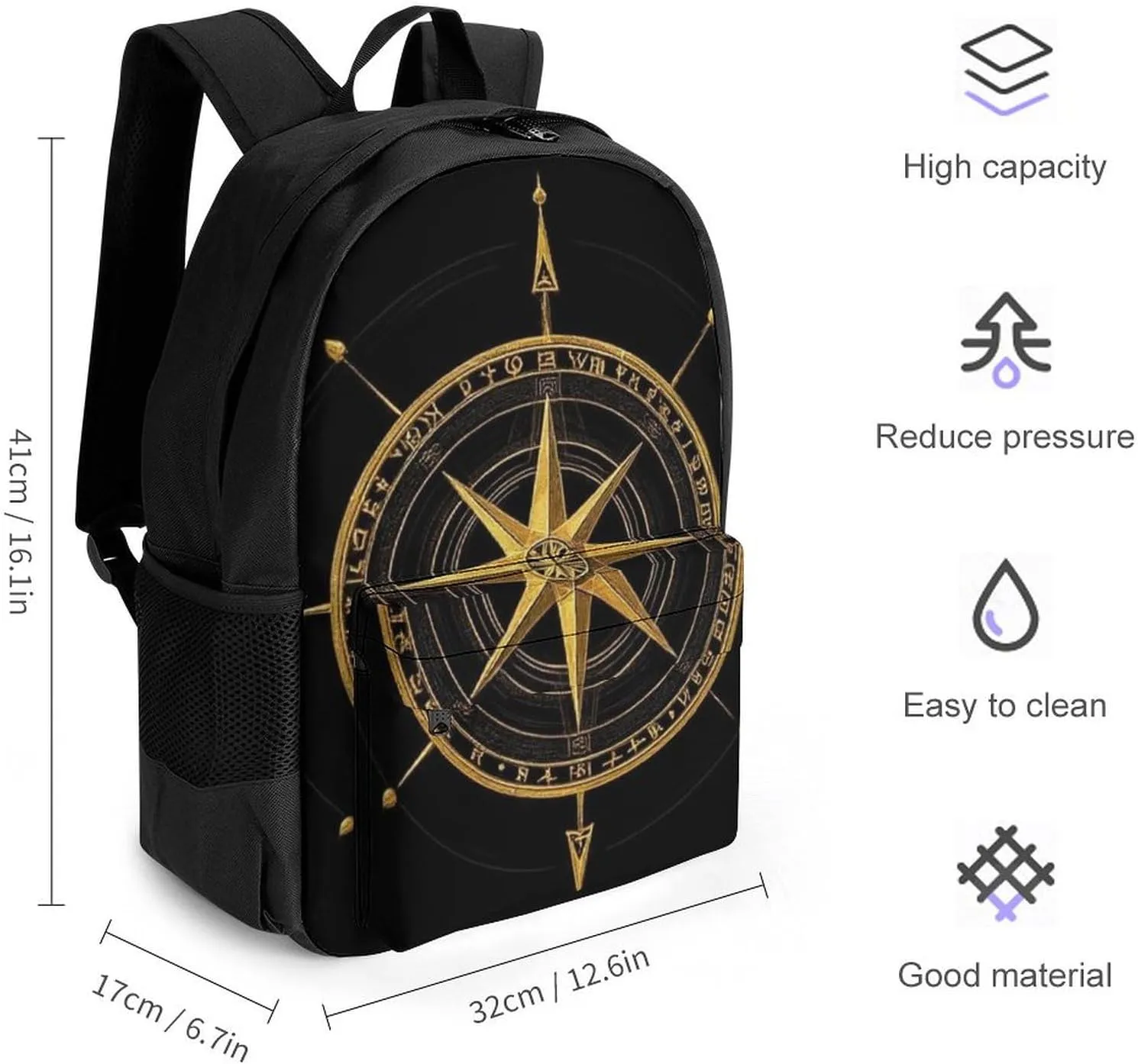 Supdreamc Ancient Viking Vegvisir Art Wind Rose Magic Navigation Gold Compass Rucksacks Polyester Anti-Theft Multipurpose Carry On Bag Large Capacity Gym Outdoor Hiking Backpack With Smooth Zippers