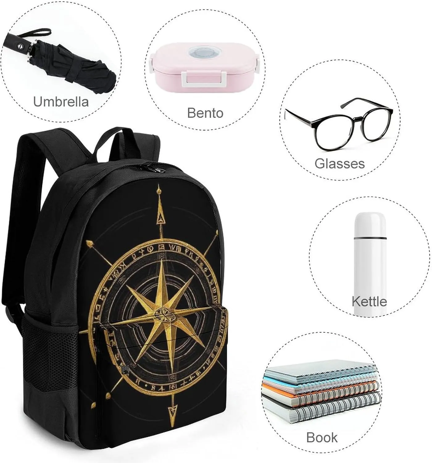 Supdreamc Ancient Viking Vegvisir Art Wind Rose Magic Navigation Gold Compass Rucksacks Polyester Anti-Theft Multipurpose Carry On Bag Large Capacity Gym Outdoor Hiking Backpack With Smooth Zippers