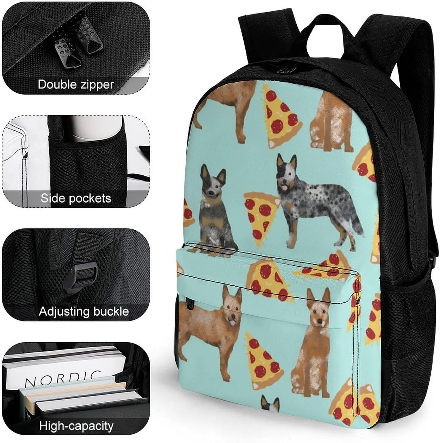 Supdreamc Australian Cattle Dog Pizzas Art Rucksacks Lightweight Multipurpose Anti-Theft Shoulder Bag Big Capacity Traveling & Camping Backpack With Side Pockets