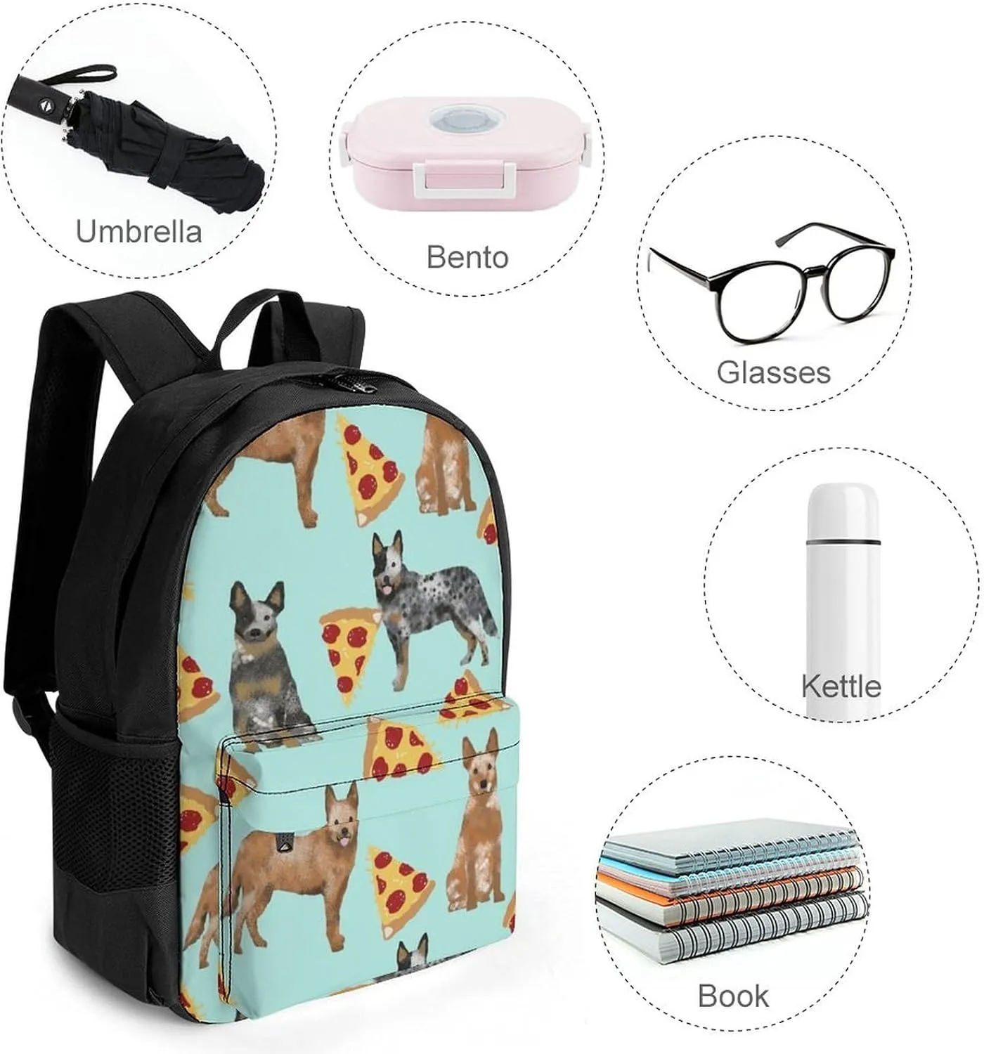 Supdreamc Australian Cattle Dog Pizzas Art Rucksacks Lightweight Multipurpose Anti-Theft Shoulder Bag Big Capacity Traveling & Camping Backpack With Side Pockets